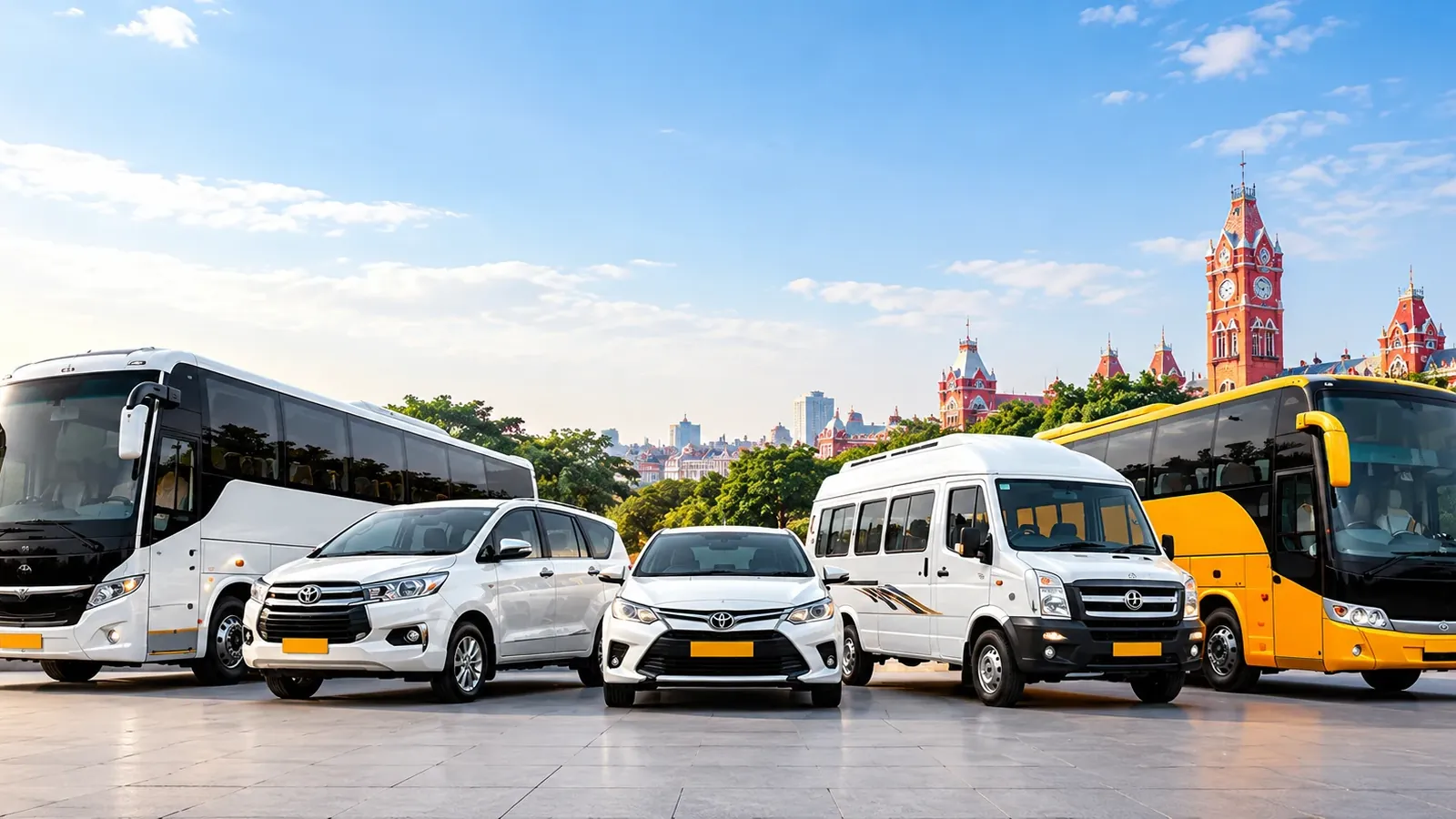 Sairam Travels fleet of buses, Innova, car and Tempo Traveller lined up in Chennai